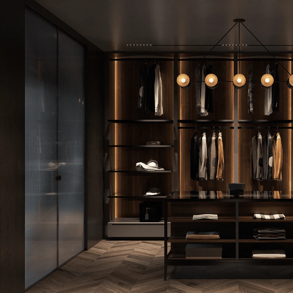 Luxury modern walk in wardrobe with glass shelving and ambient backlight design Luxury modern walk in wardrobe with glass shelving and ambient backlight design