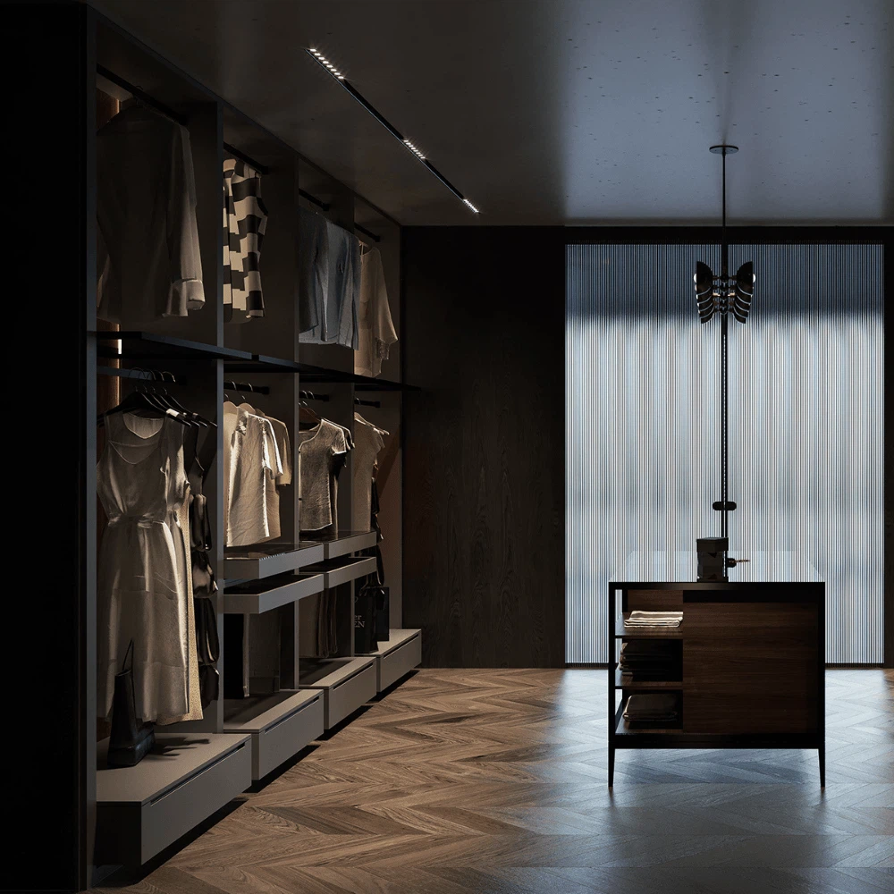 Modern custom open walk in wardrobe with dark wood panels and soft LED lighting Modern custom open walk in wardrobe with dark wood panels and soft LED lighting