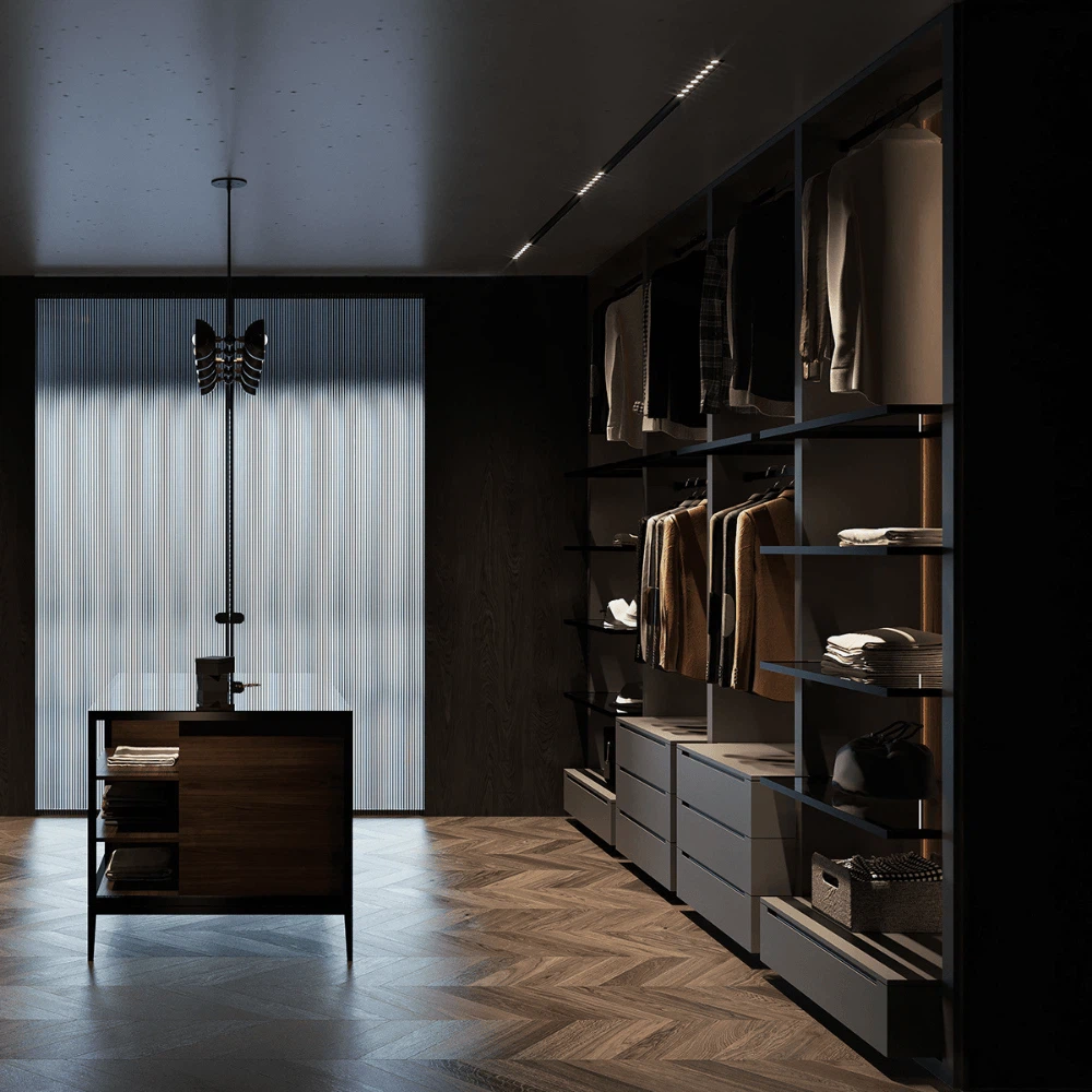 Modern open style walk in wardrobe with central island and organized hanging space Modern open style walk in wardrobe with central island and organized hanging space